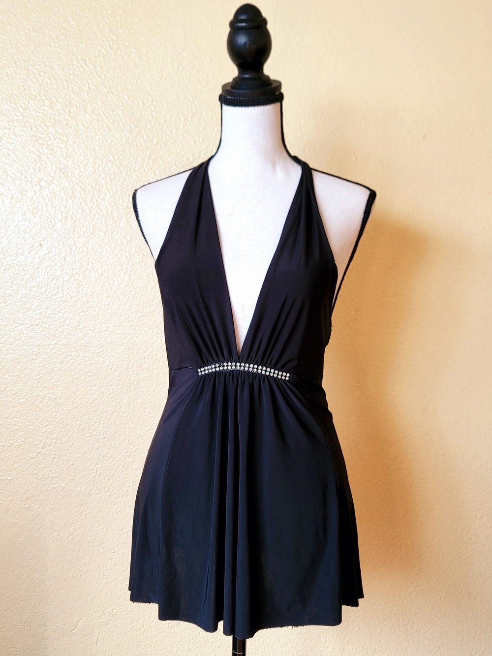 Y2K Black Halter V-Neck Tunic Top orShort Mini Dress with Rhinestone Waist Small